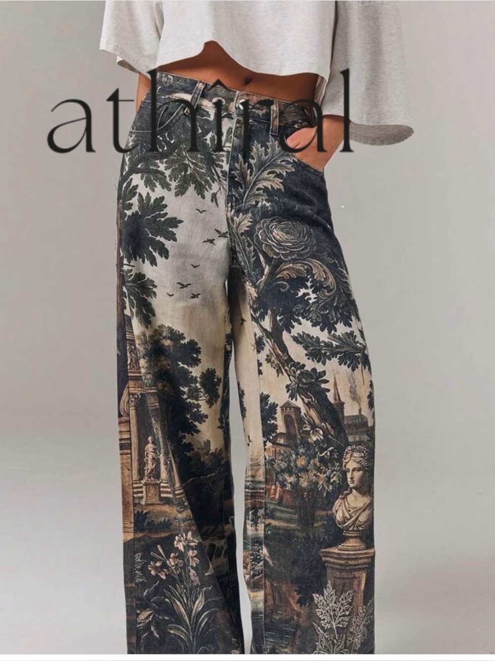 High-Waist Wide-Leg Printed Jeans in Beige and Black